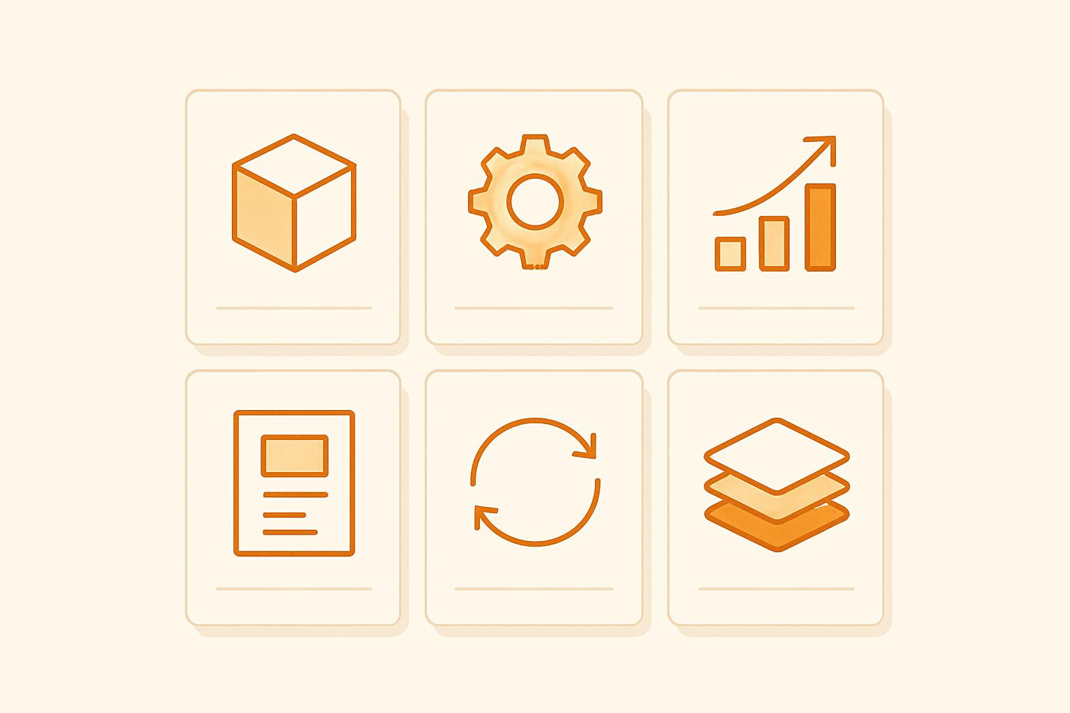 Flat editorial infographic of six productized AI-service package tiles in a 2x3 grid, each with a distinct abstract icon, amber accent on warm off-white