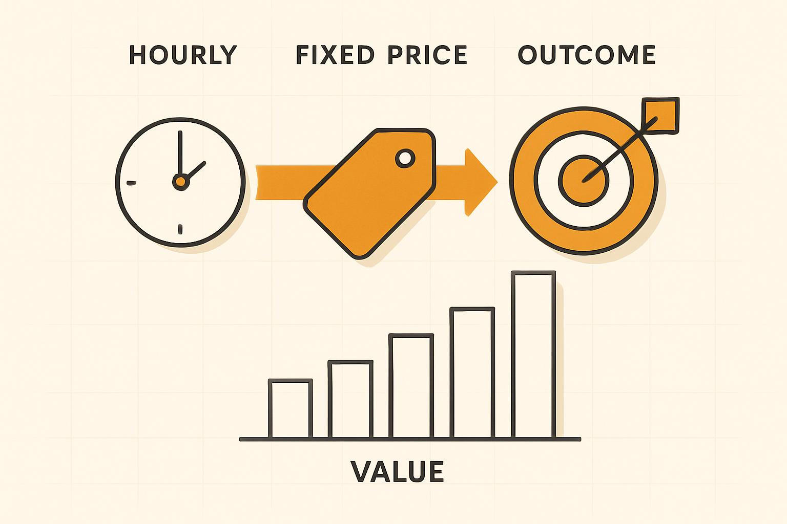 Flat editorial infographic of a pricing-model progression arrow from an hourly clock through a fixed-price tag to an outcome target, above an ascending value bar chart, amber accent on warm off-white