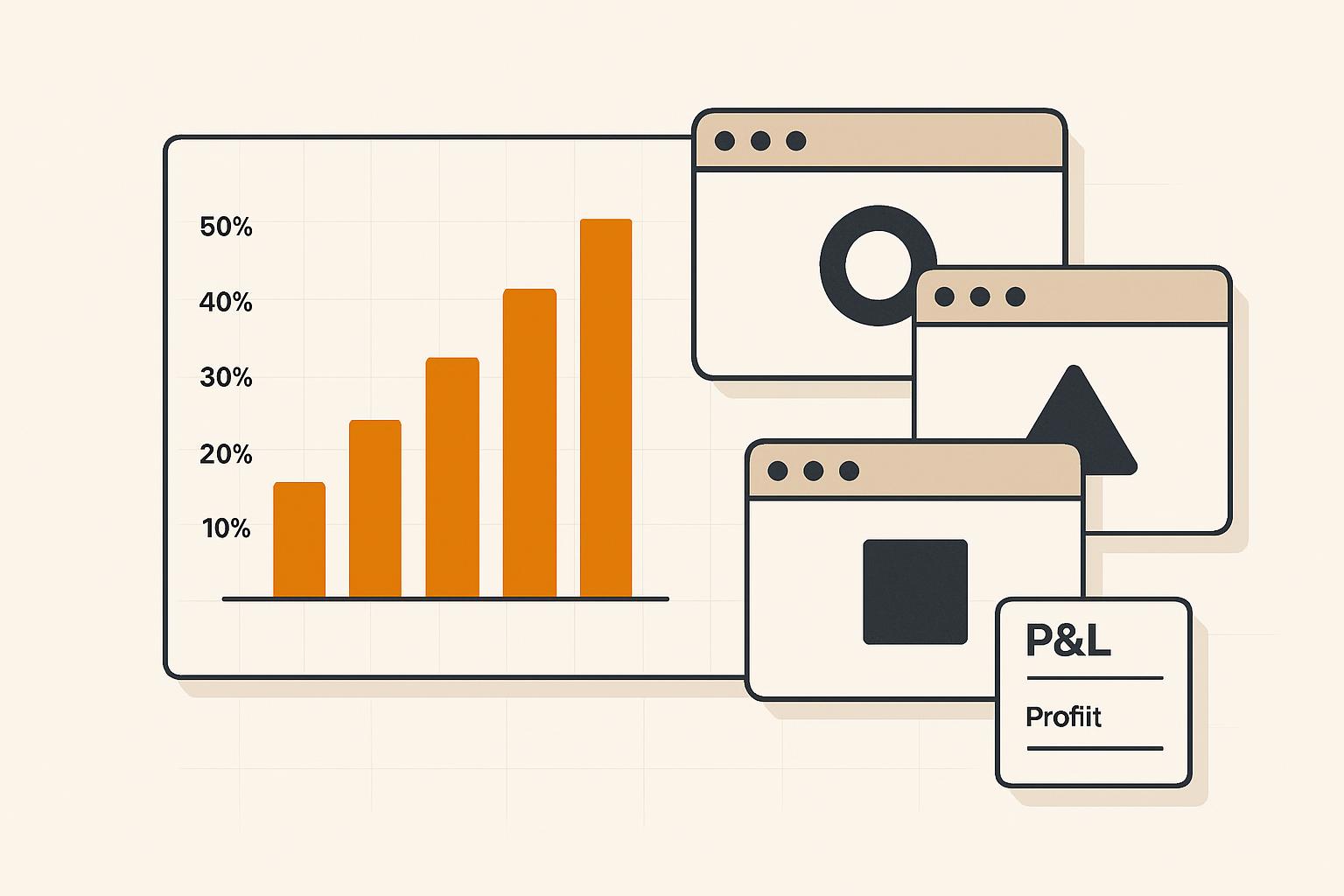 Flat editorial infographic of an agency margin dashboard with a rising gross-margin bar chart, a P&L ledger card, and three white-labeled client app windows, amber accent on warm off-white