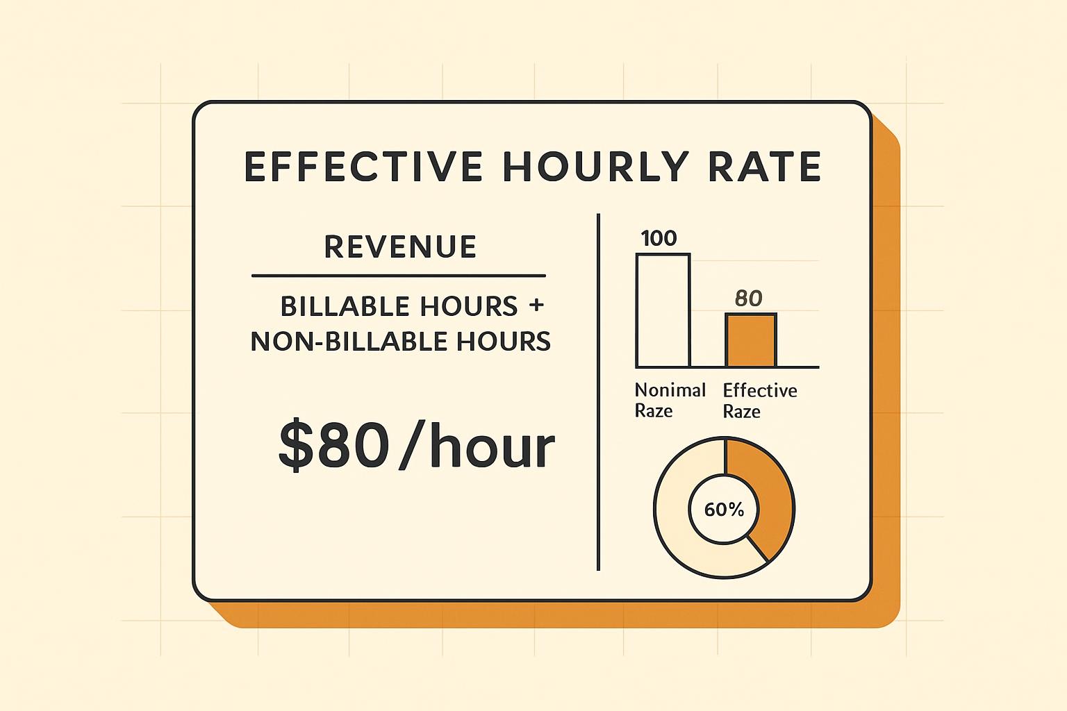 Flat editorial infographic of an effective-hourly-rate calculation: a revenue-over-hours formula card, a nominal-versus-effective rate bar chart, and a time-allocation donut, amber accent on warm off-white