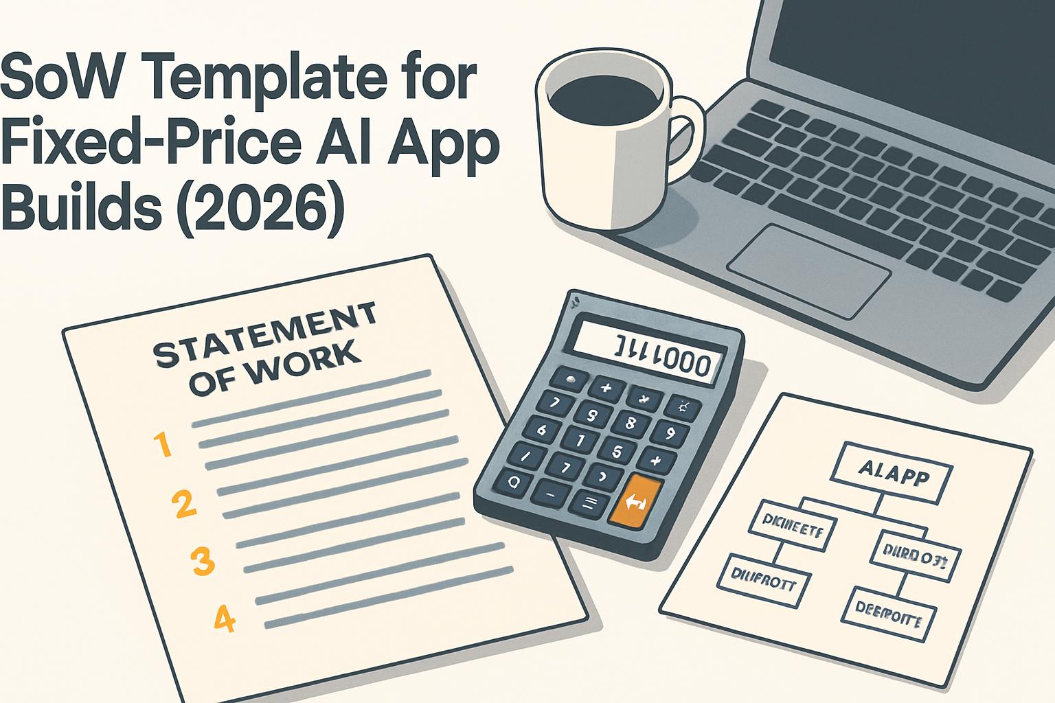 Agency desk scene with statement-of-work document, calculator showing $14,000, architecture diagram, and laptop in amber accent. June 2026.