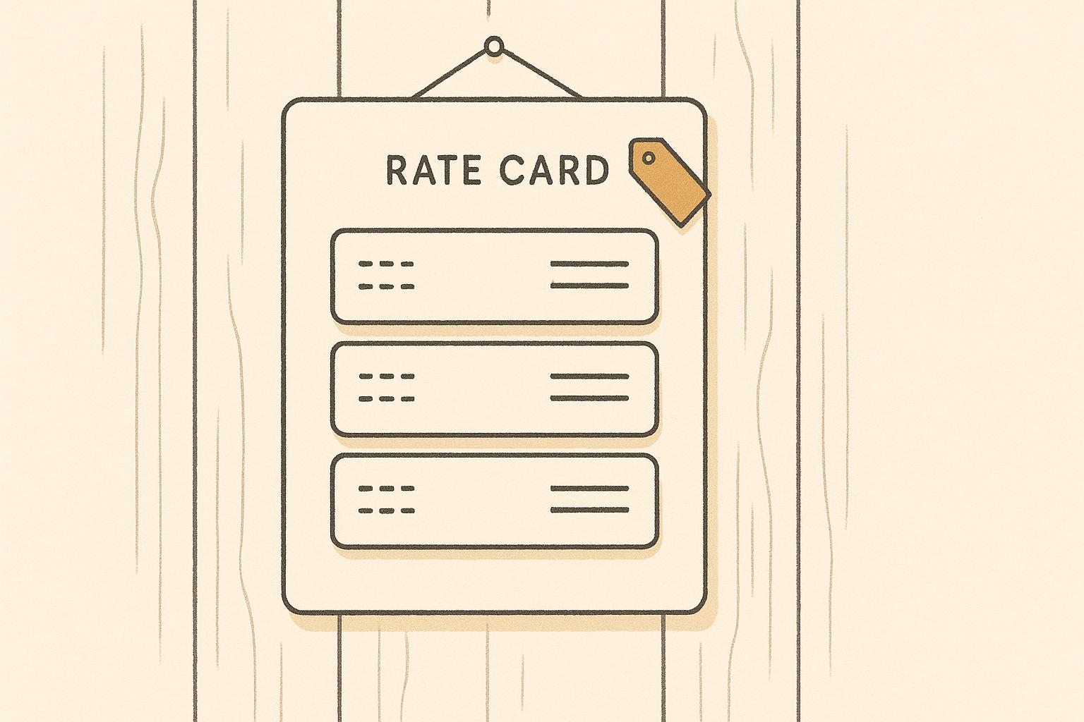 Flat editorial illustration of a wall-mounted rate-card poster with four stacked archetype tiers, warm white background, charcoal line work, single amber accent.