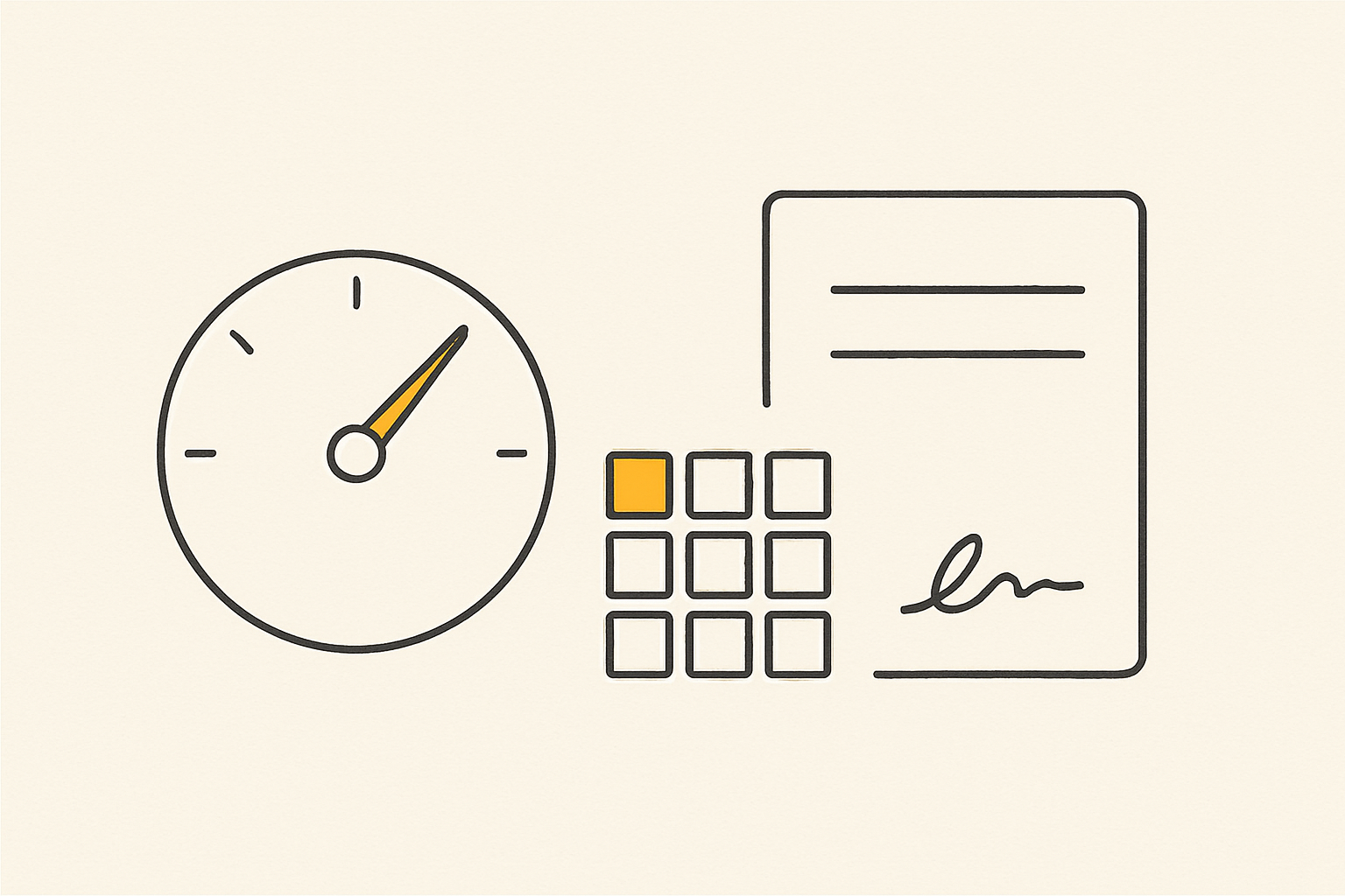 Minimalist charcoal line-art of an uptime gauge, a severity grid, and a signed document on warm off-white, the DevShopVault AgencyOps palette.