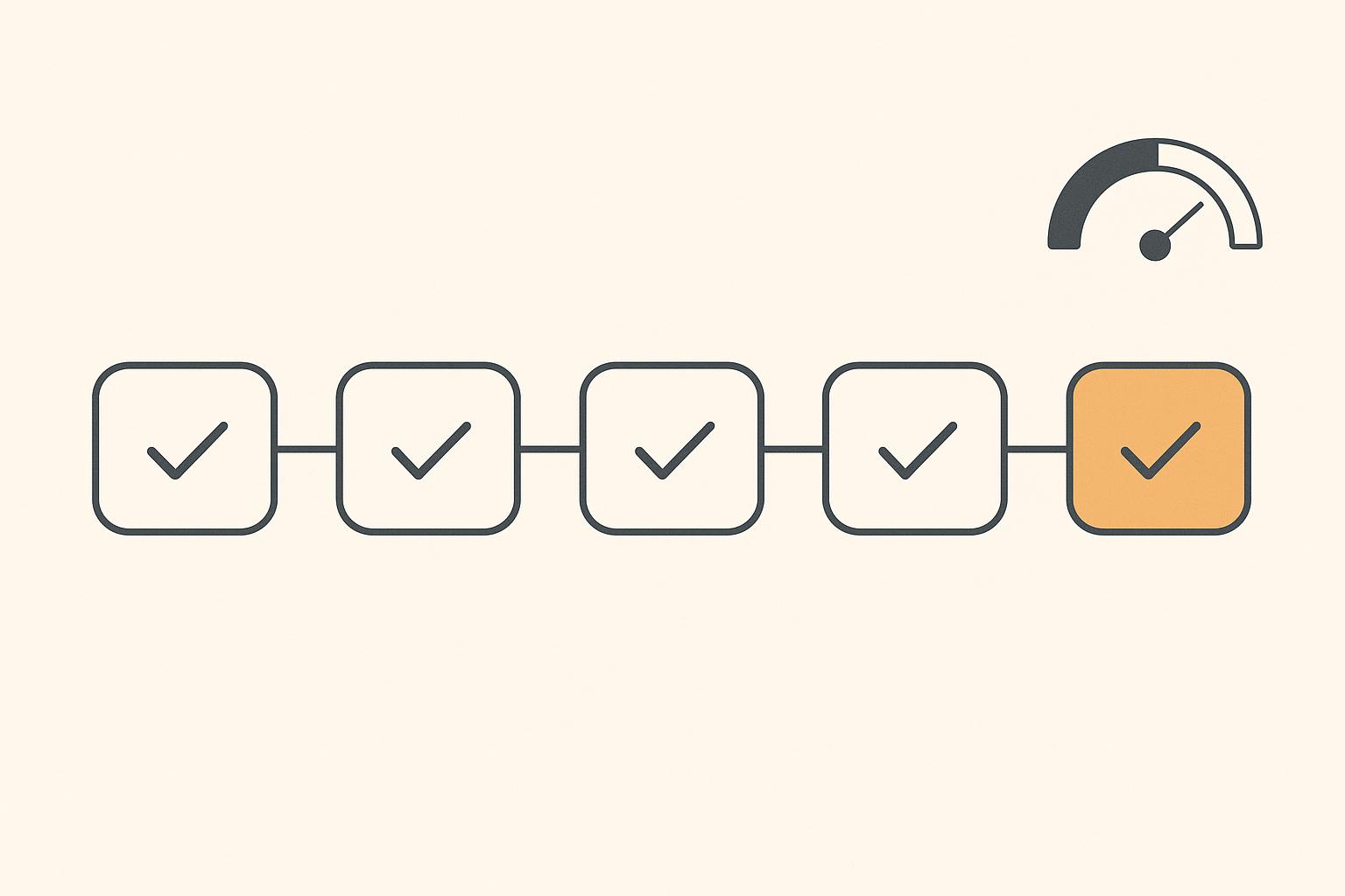 Abstract five-stage onboarding pathway of connected nodes with check marks, in a calm business-strategy style.