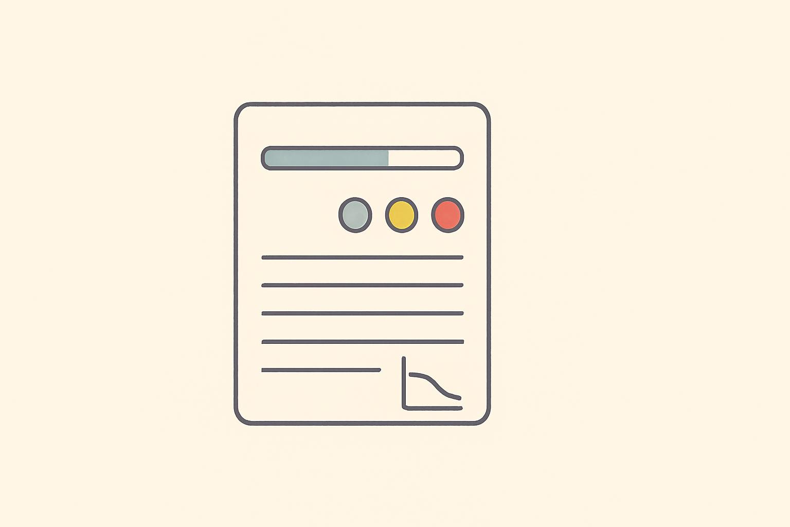 Minimalist project status report card with a progress bar and red, amber, and green status dots, in a calm business-strategy style.