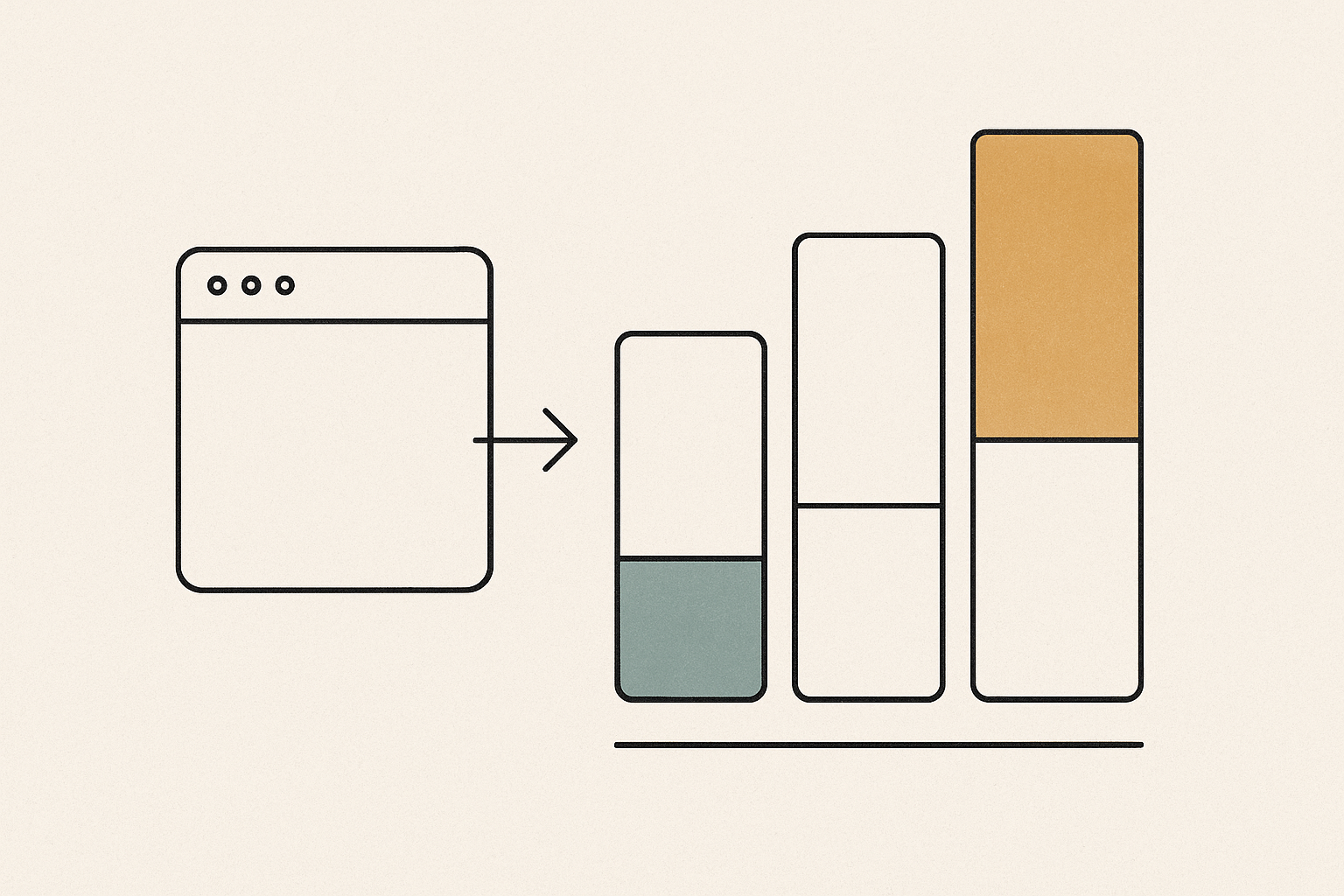 Minimalist charcoal-line illustration of an unbranded app window re-skinned into three ascending pricing tiers beside a margin-gap bar, on warm off-white