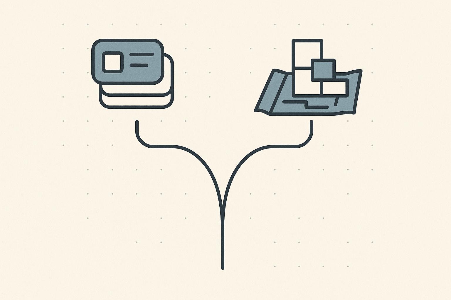 Charcoal-on-warm-white illustration of one path forking into a rented dashboard route and an owned building-block route, the rent versus build decision for agency client portals