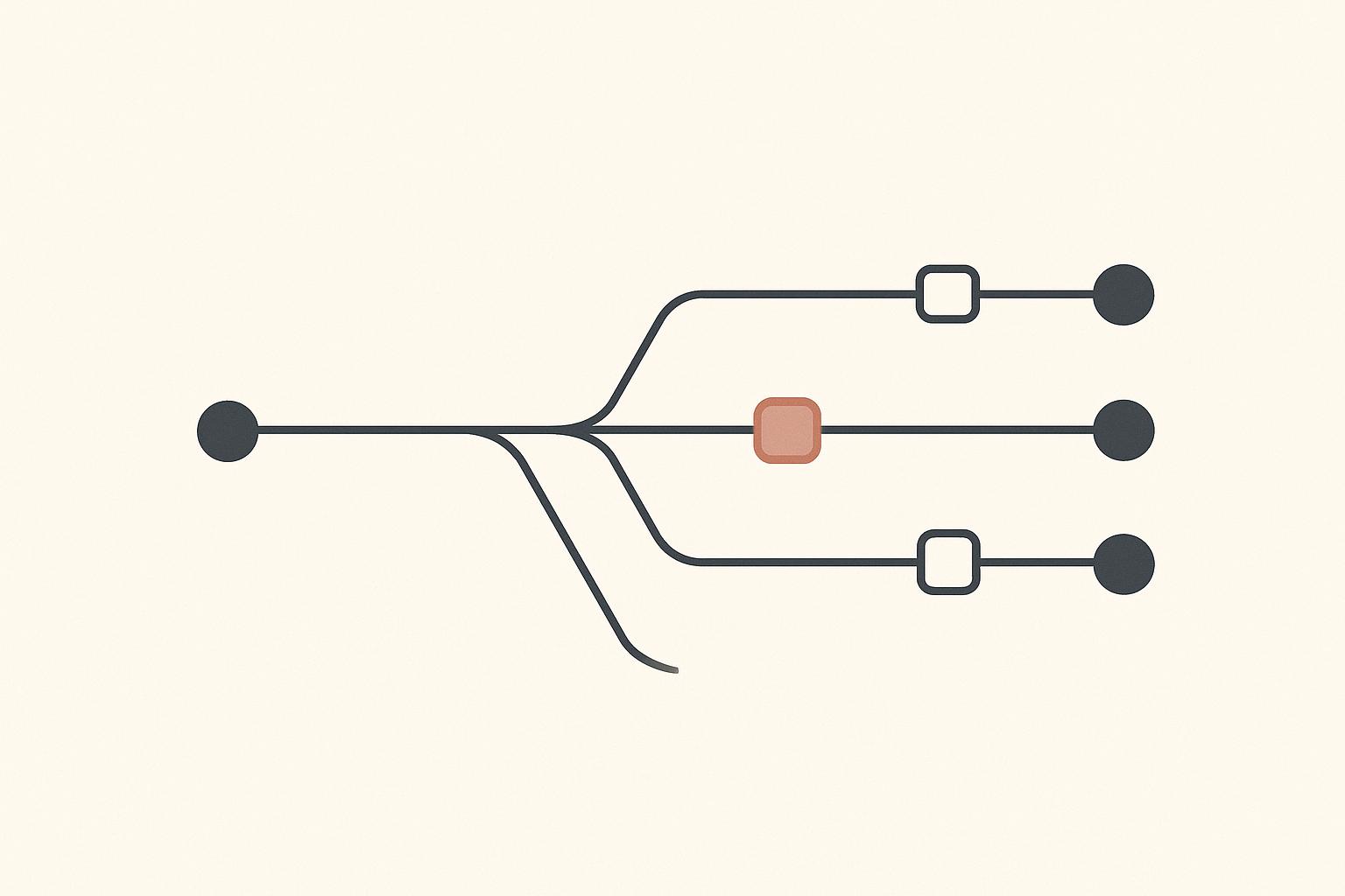 Abstract three-lane pipeline motif on a warm off-white background representing the rent, rebrand, and build white label CRM decision for agencies