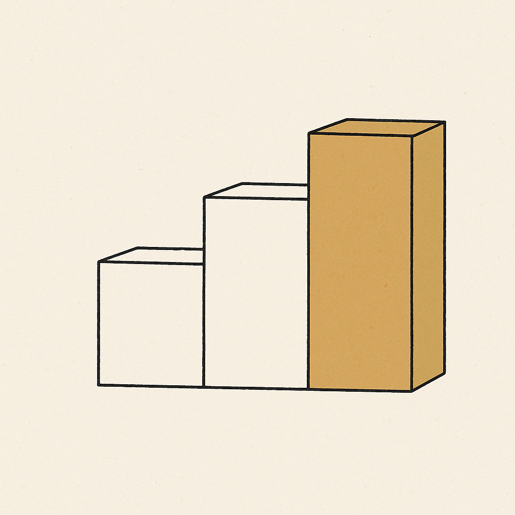 Three abstract stepped cards ascending like a tiered pricing ladder, warm off-white with charcoal linework and a single amber accent