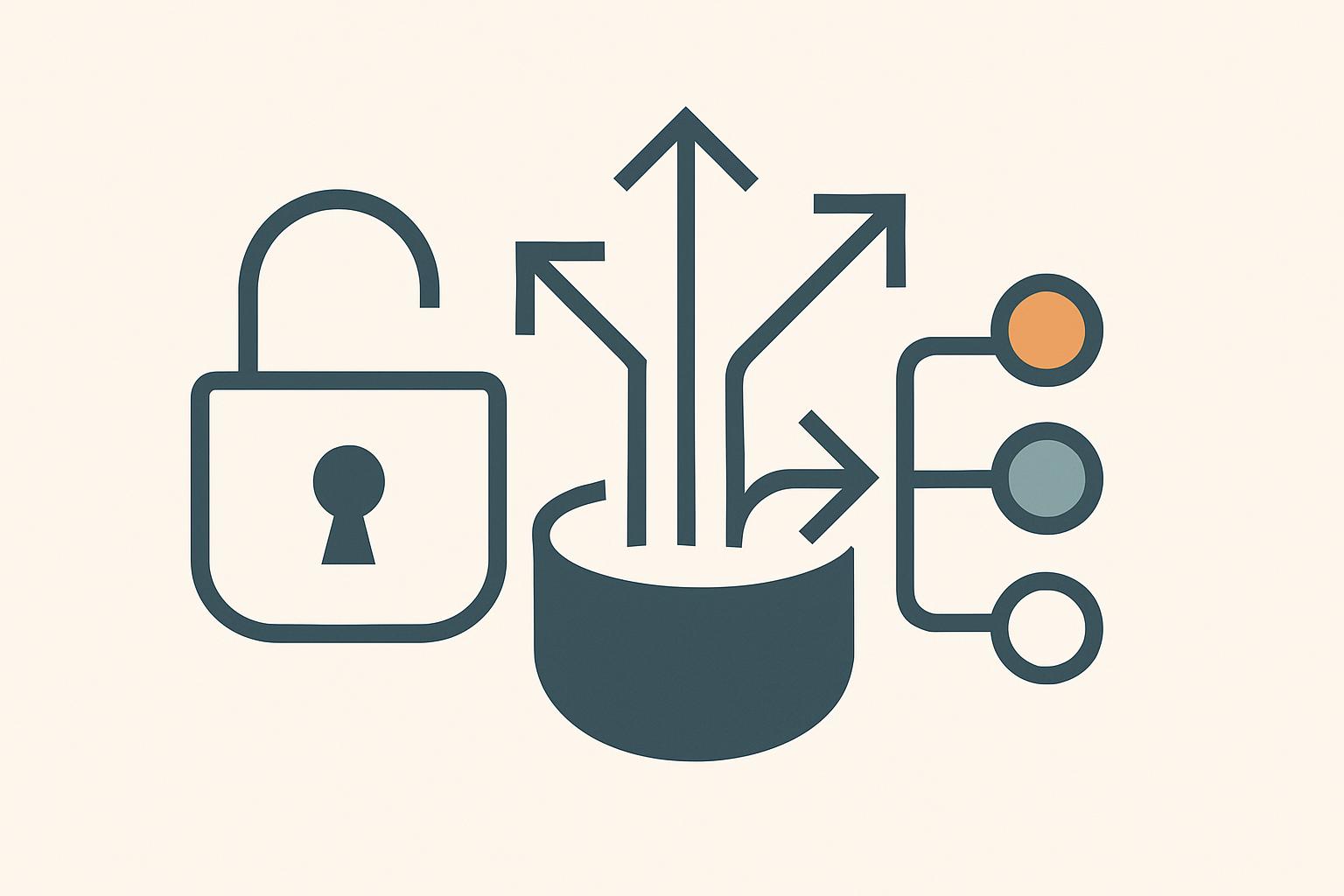 Abstract charcoal and amber illustration of an open padlock and export arrows flowing from a container, representing code ownership versus AI app builder lock-in