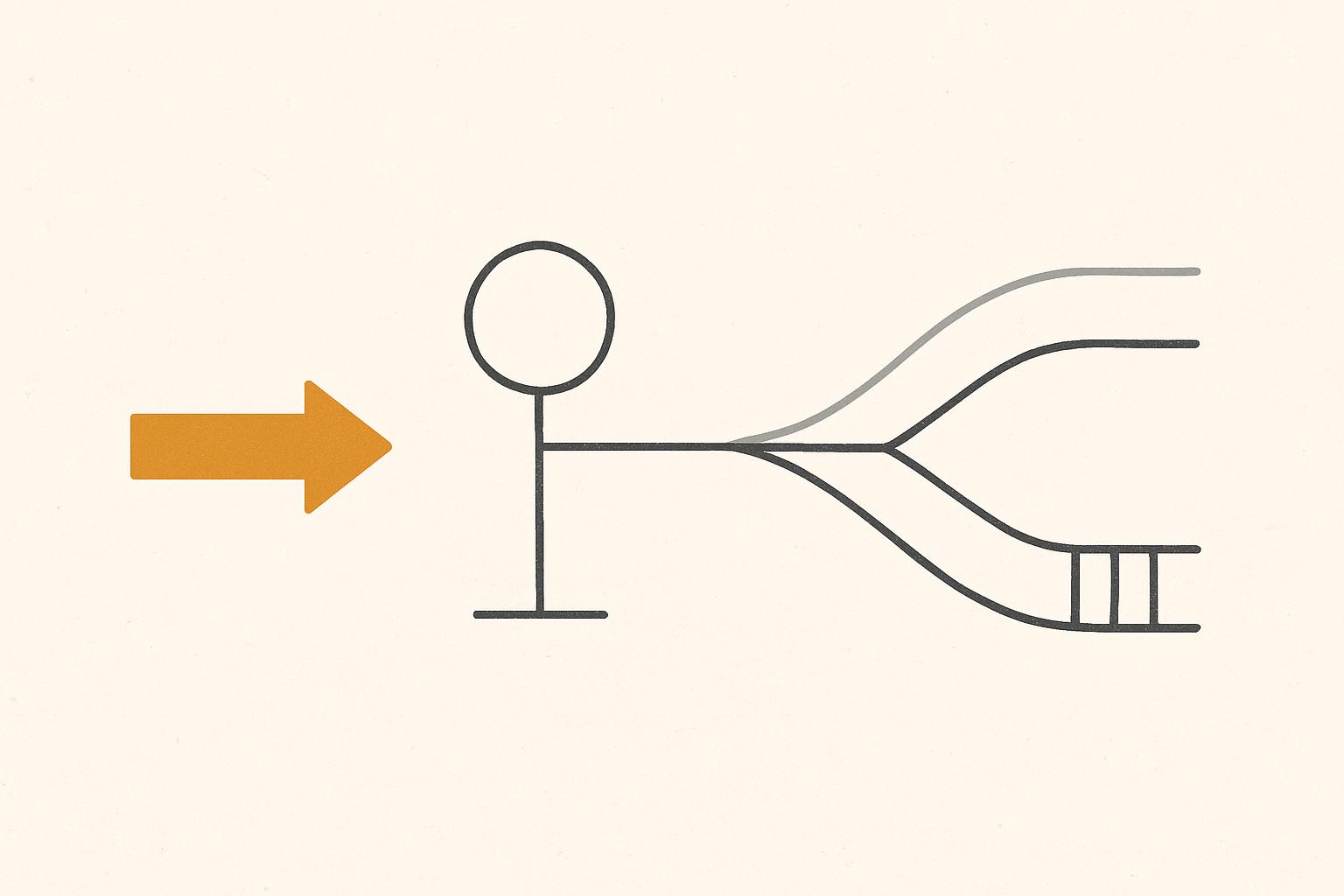 Abstract decision-gate illustration where an incoming change splits into a quick light lane and a heavier gated lane, warm off-white with amber accent
