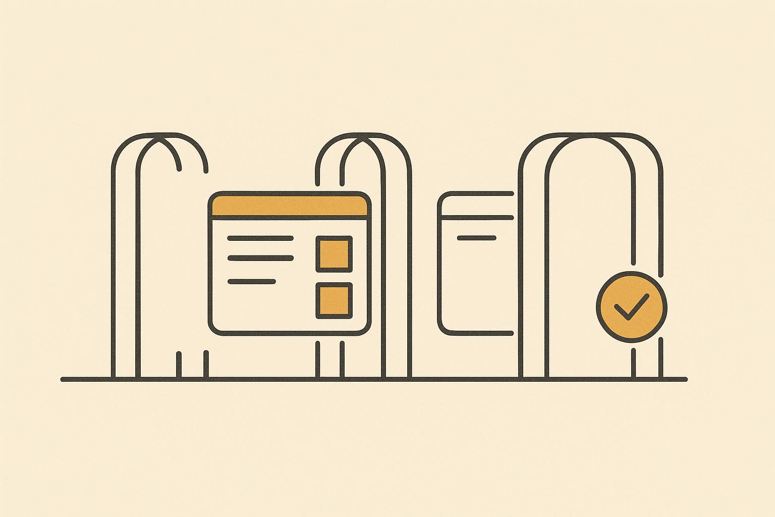 Warm off-white illustration of a finished app panel passing through three sign-off checkpoint gates with an approval seal, representing acceptance criteria for a fixed-price AI app build