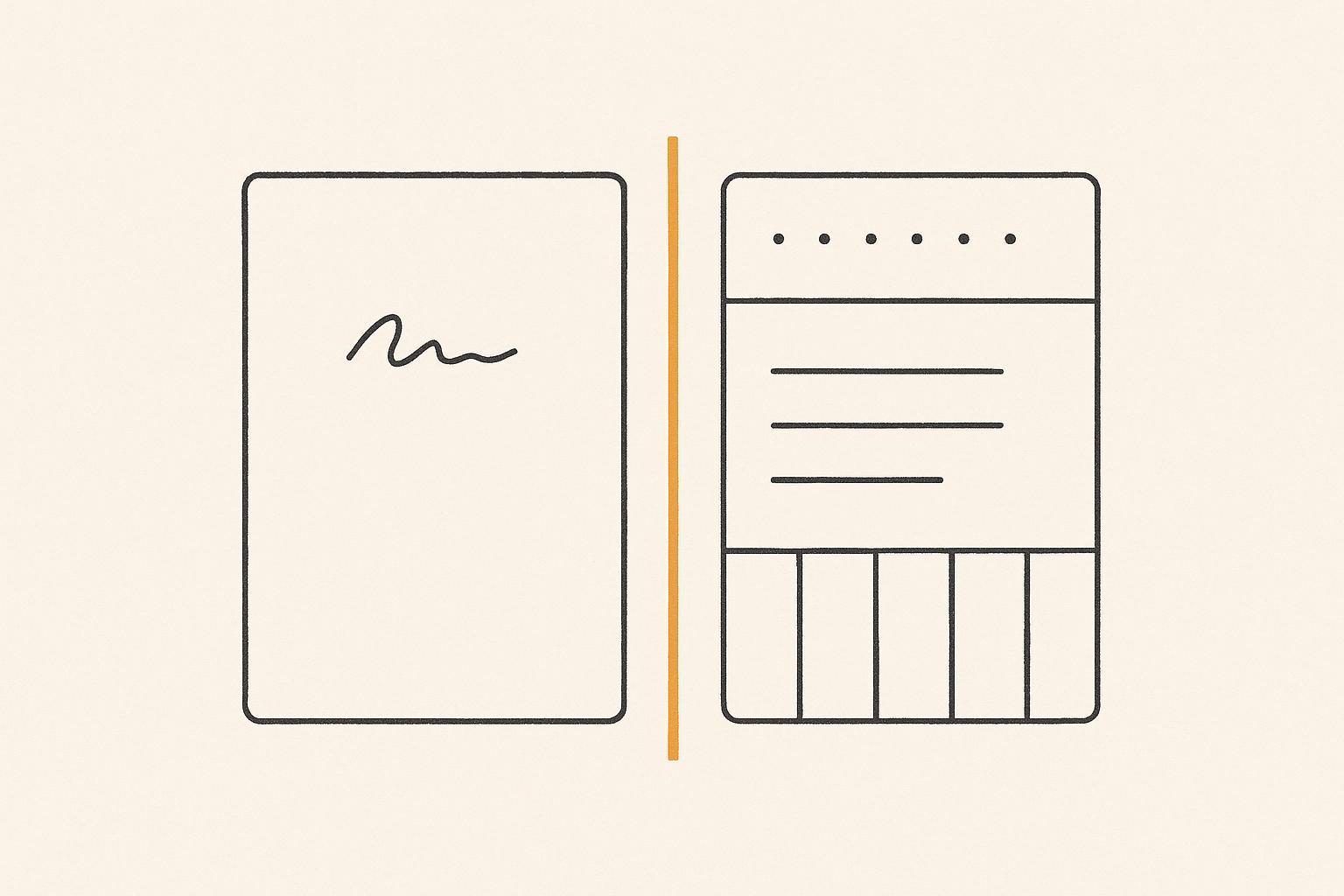 An abstract split contract: a solid fixed block beside a segmented, metered AI layer, divided by an amber line.