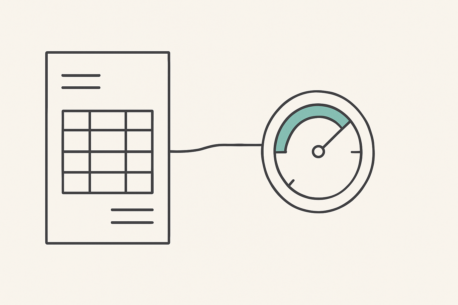 Invoice ledger connected by a line to a circular usage meter, illustrating AI API cost billing models