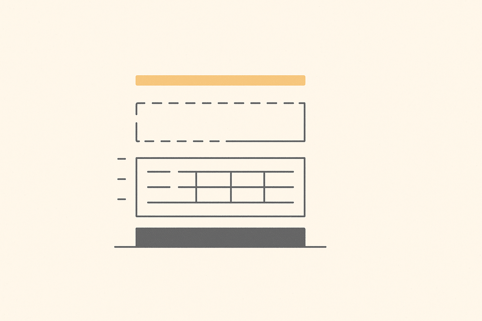 Minimalist diagram of a three-layer software project estimate stacked as ledger bands, warm off-white background with a charcoal and amber accent