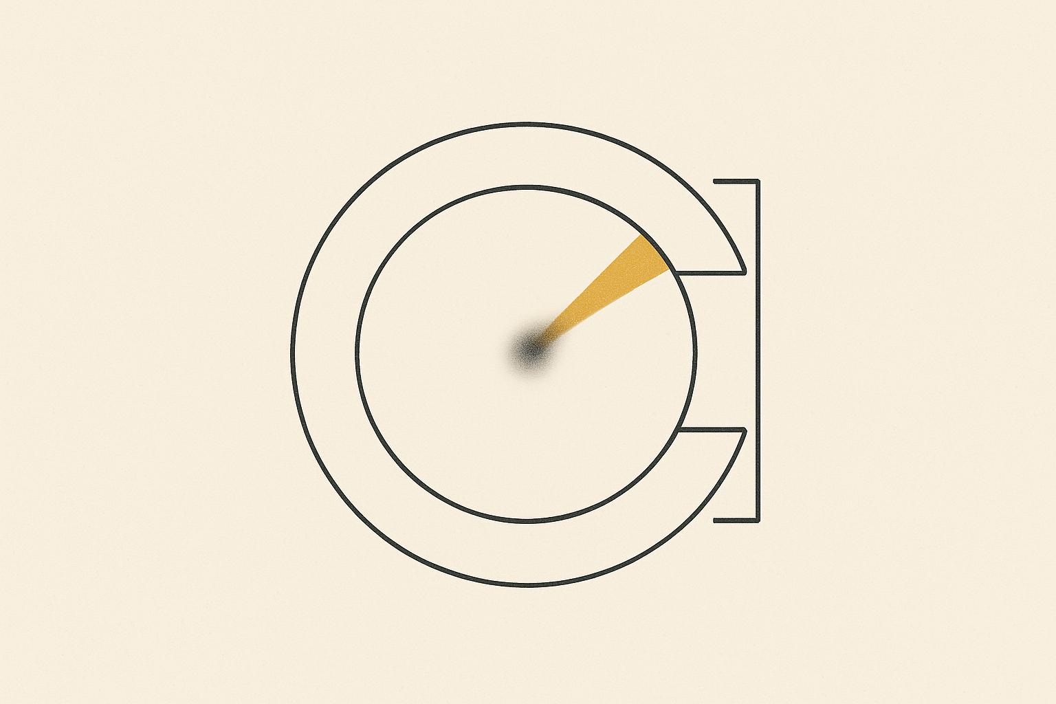 Minimalist illustration of a precision dial with a fuzzy pointer being pinned to a defined acceptance band between a floor and a target, representing a measurable AI accuracy expectation.
